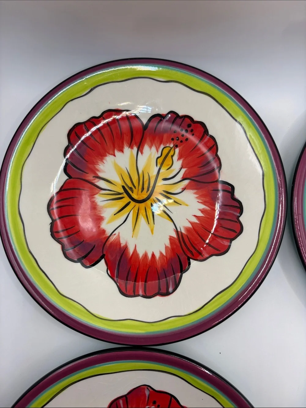 Hand-Painted Red Hibiscus Ceramic Dinner Plates - Set of 4 from Clay Art